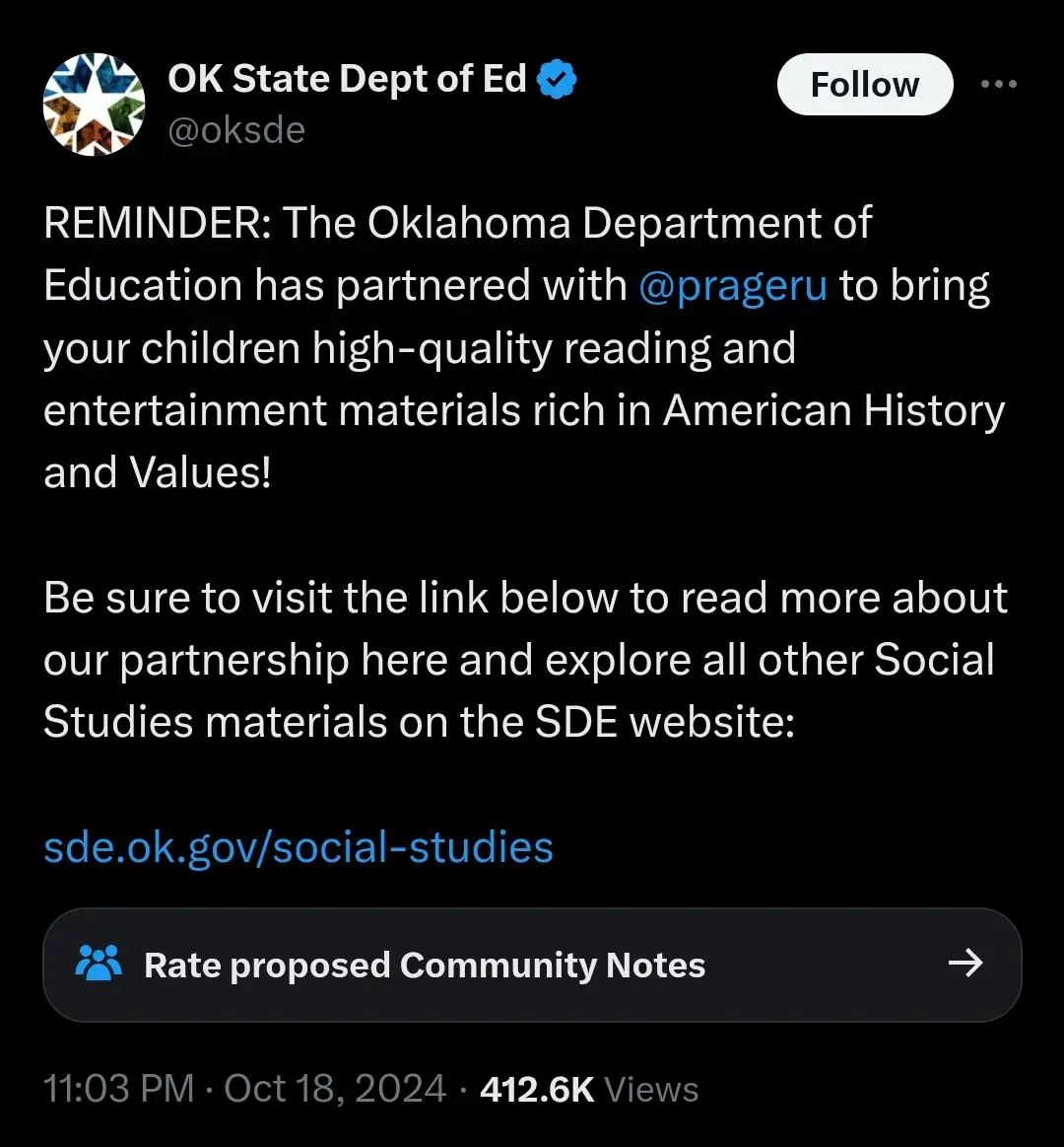 A screenshot of a tweet from the official Oklahoma State Department of Education account announcing a partnership with…