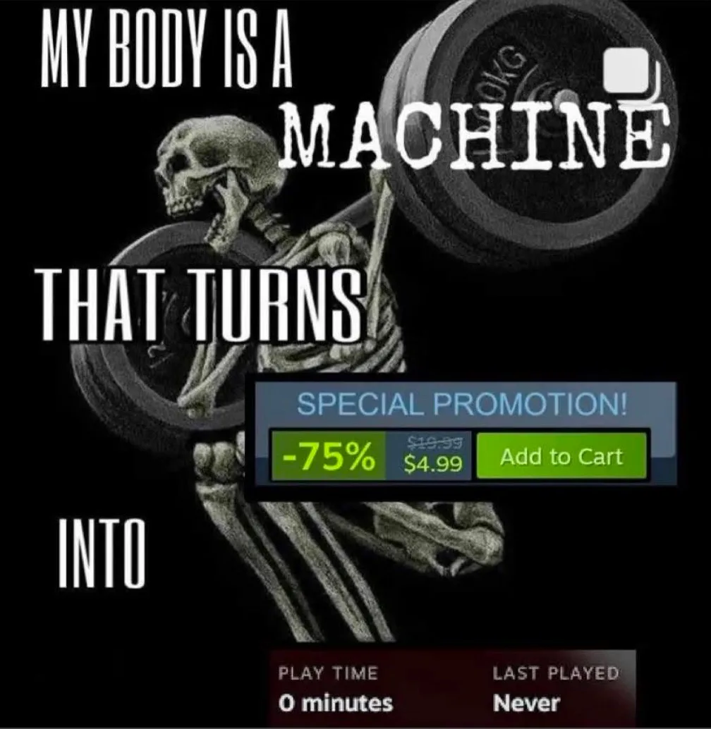 A skeletal figure is shown lifting a barbell against a black background, with large white text reading 'MY BODY IS A MACHINE…