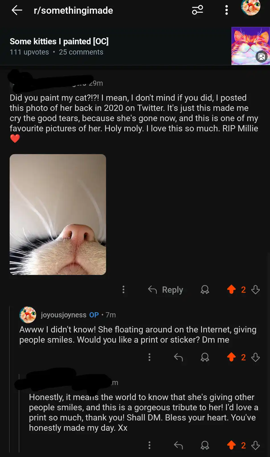 A Reddit comment thread shows a user sharing a digital painting of a cat named Millie, which they created from a photo the…