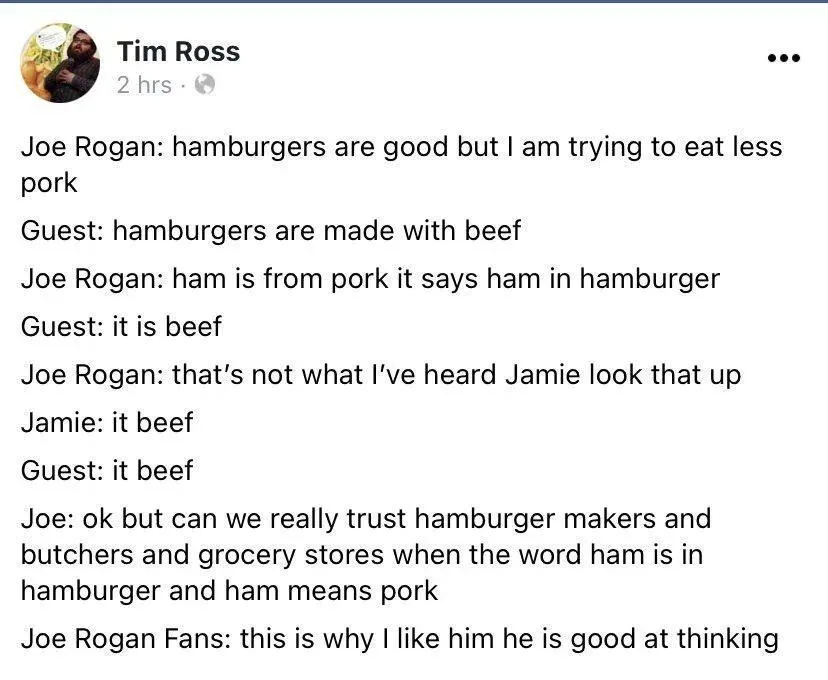 A screenshot of a Facebook post by Tim Ross showing a text-based conversation between Joe Rogan, a guest, and Jamie Oliver…