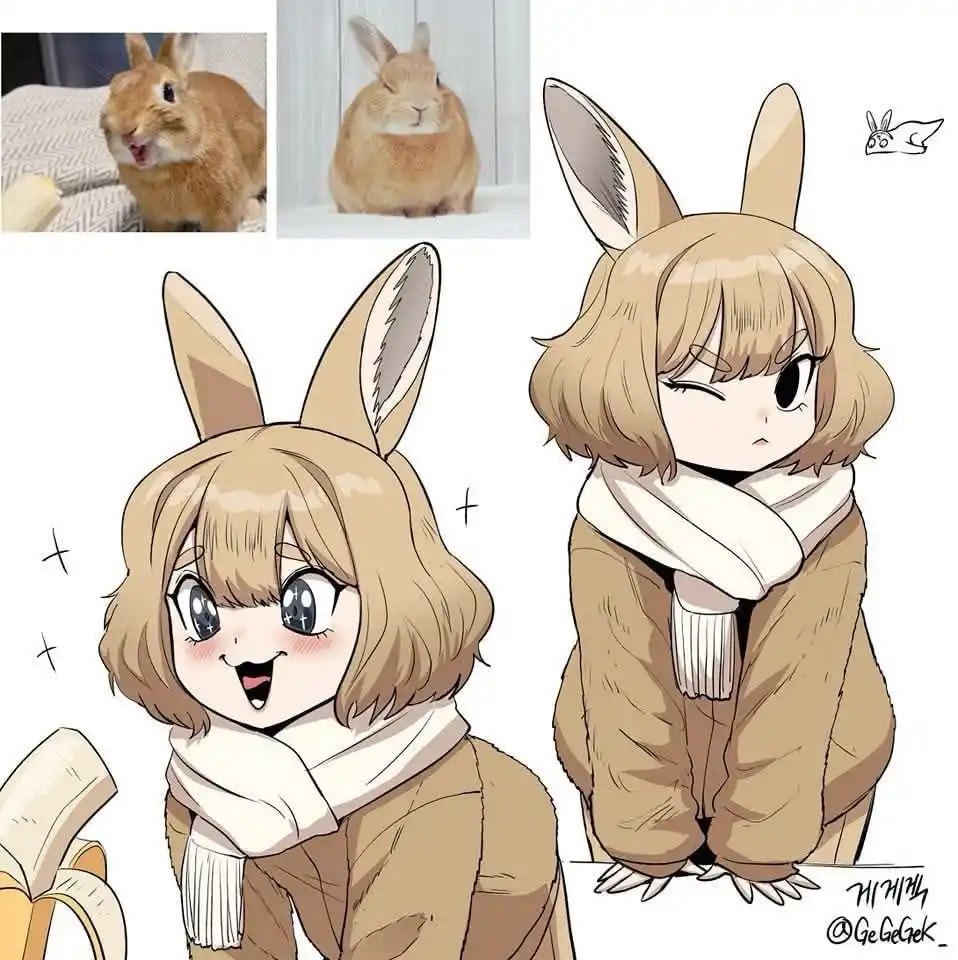 The image features two anime-style illustrations of a girl with rabbit ears and a brown bunny costume, one smiling excitedly…