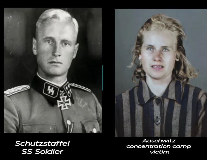 The image displays two side-by-side black-and-white portraits: on the left, a man in a Nazi SS uniform with insignia…