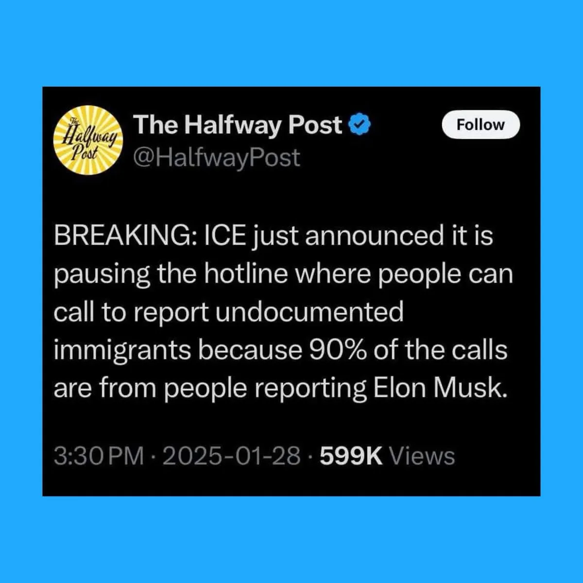 A screenshot of a fake Twitter post from 'The Halfway Post' with a blue border, announcing a satirical 'breaking' news story…