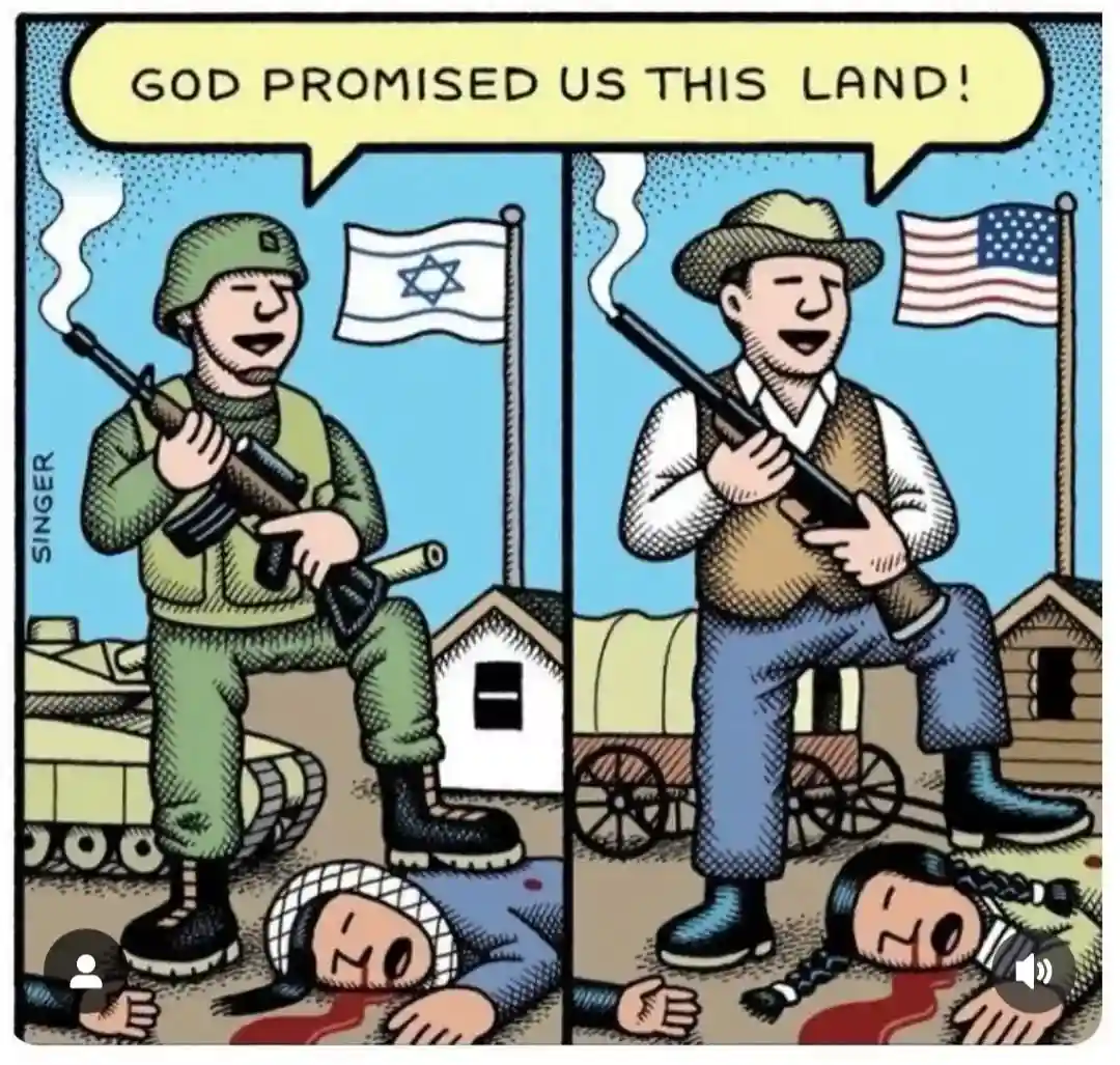 A two-panel comic strip by Singer shows a soldier in Israeli military uniform with an Israeli flag behind him, standing over…