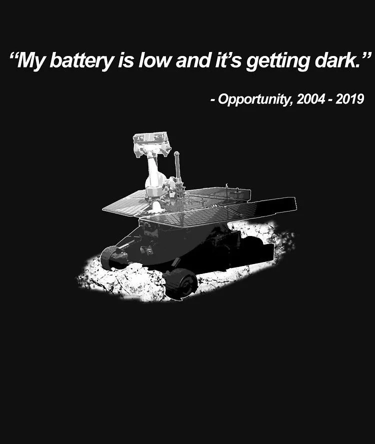 A black-and-white image of NASA's Mars rover Opportunity on the Martian surface, with overlaid text quoting it as saying…