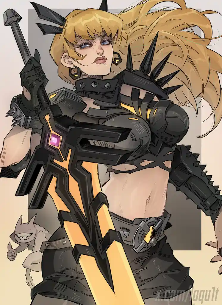 A stylized illustration of a blonde female warrior in black and gold armor holding a large weapon, with a small, grinning…