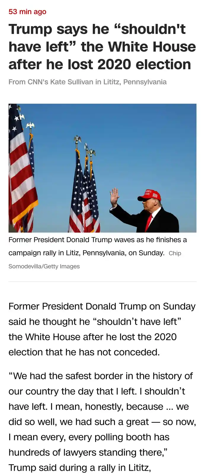 A screenshot of a CNN news article shows former President Donald Trump waving at a rally in Lititz, Pennsylvania, wearing a…