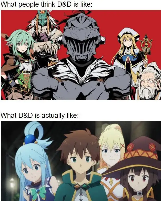 The top panel shows a group of anime-style fantasy characters including a knight in full armor, a green-haired warrior, a…