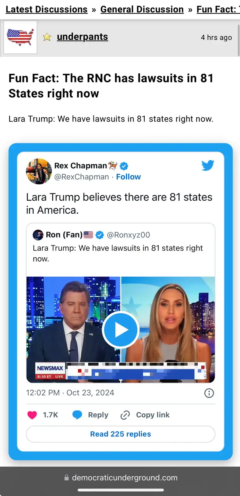 A screenshot of a social media post showing a tweet from Rex Chapman that reads 'Lara Trump believes there are 81 states in…