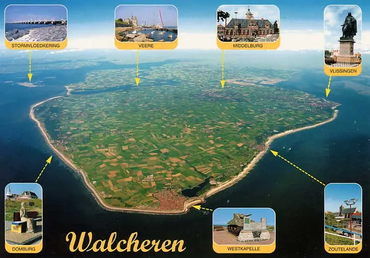 An aerial view of the Dutch island of Walcheren, with yellow arrows pointing from labeled inset photos to their respective…