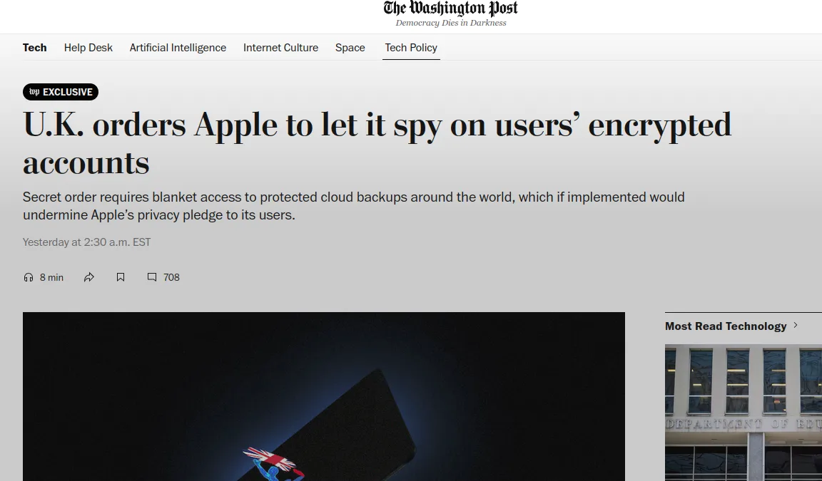 A screenshot of a Washington Post article headline reads 'U.K. orders Apple to let it spy on users' encrypted accounts,'…