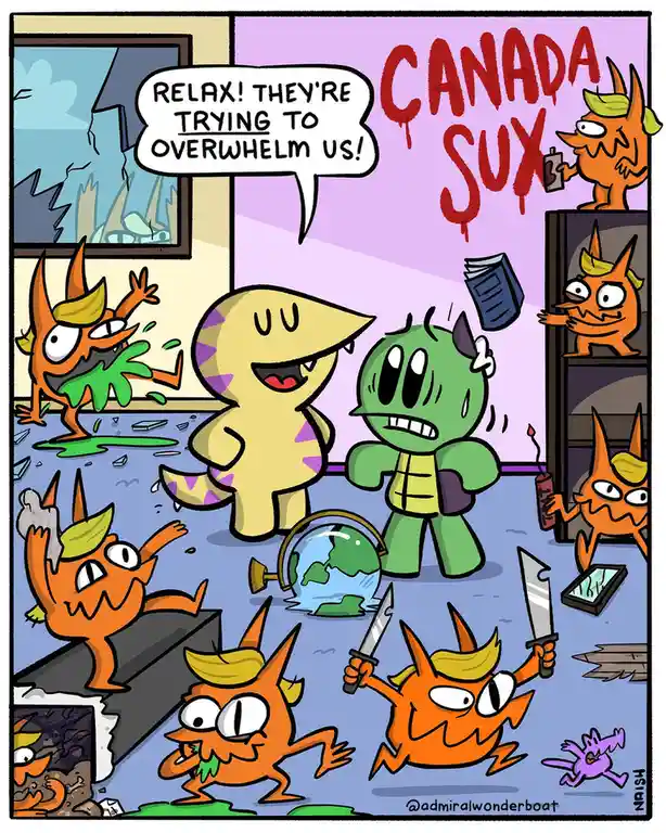 A chaotic cartoon scene shows multiple orange, horned, yellow-haired monsters attacking a room, smashing furniture and a…