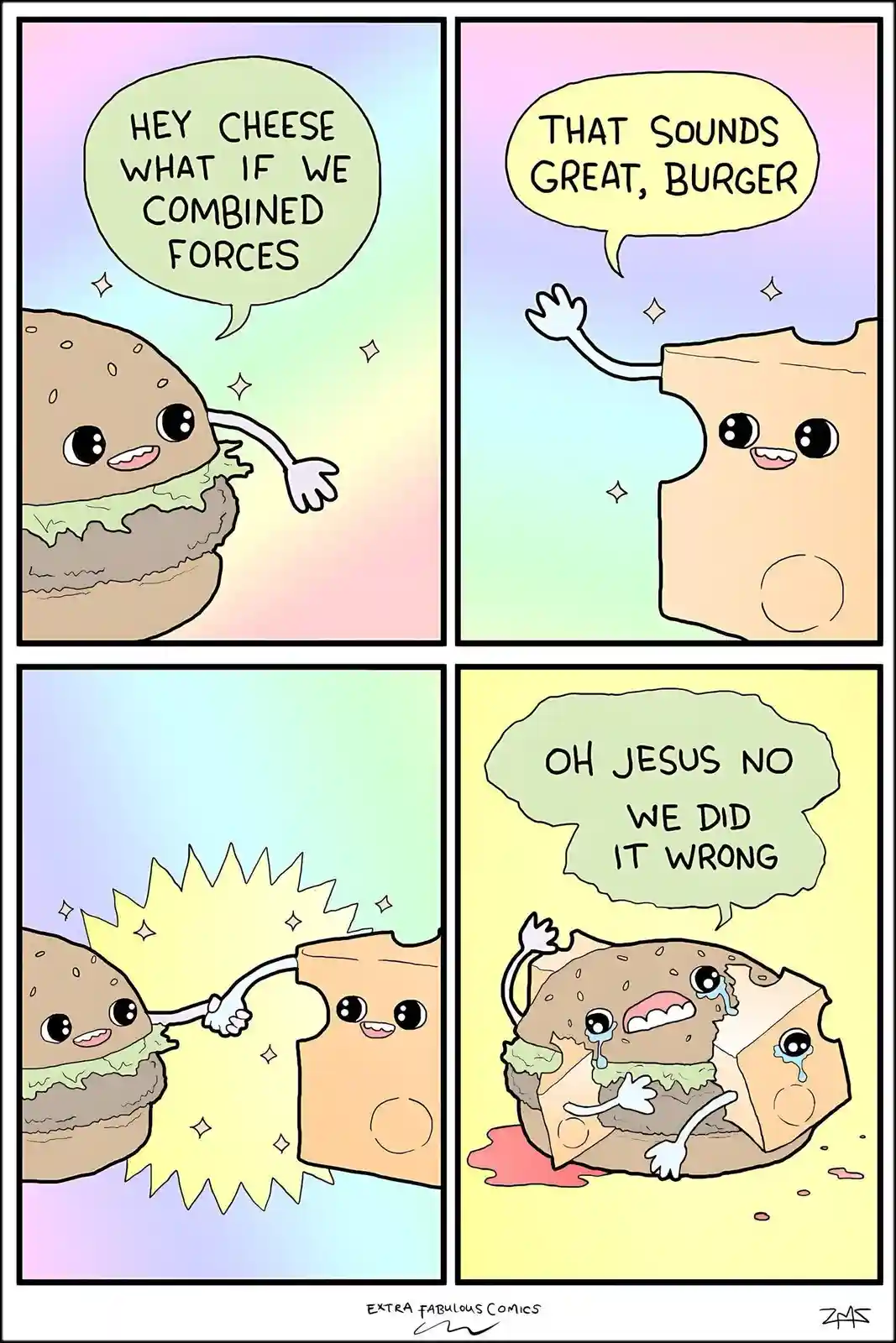 A four-panel comic shows a cartoon burger and a cartoon slice of cheese happily combining forces, but their fusion results…