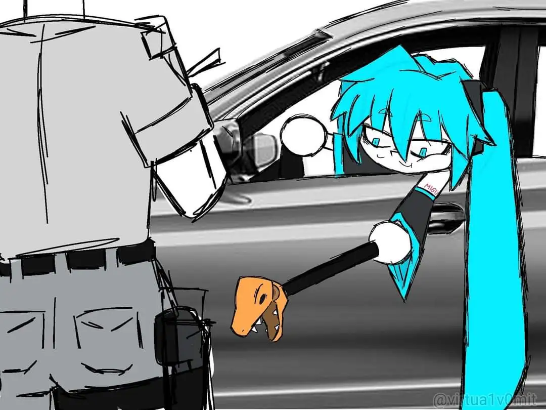 A cartoon character with bright blue hair and a long blue ponytail leans out of a car window, holding a small orange…