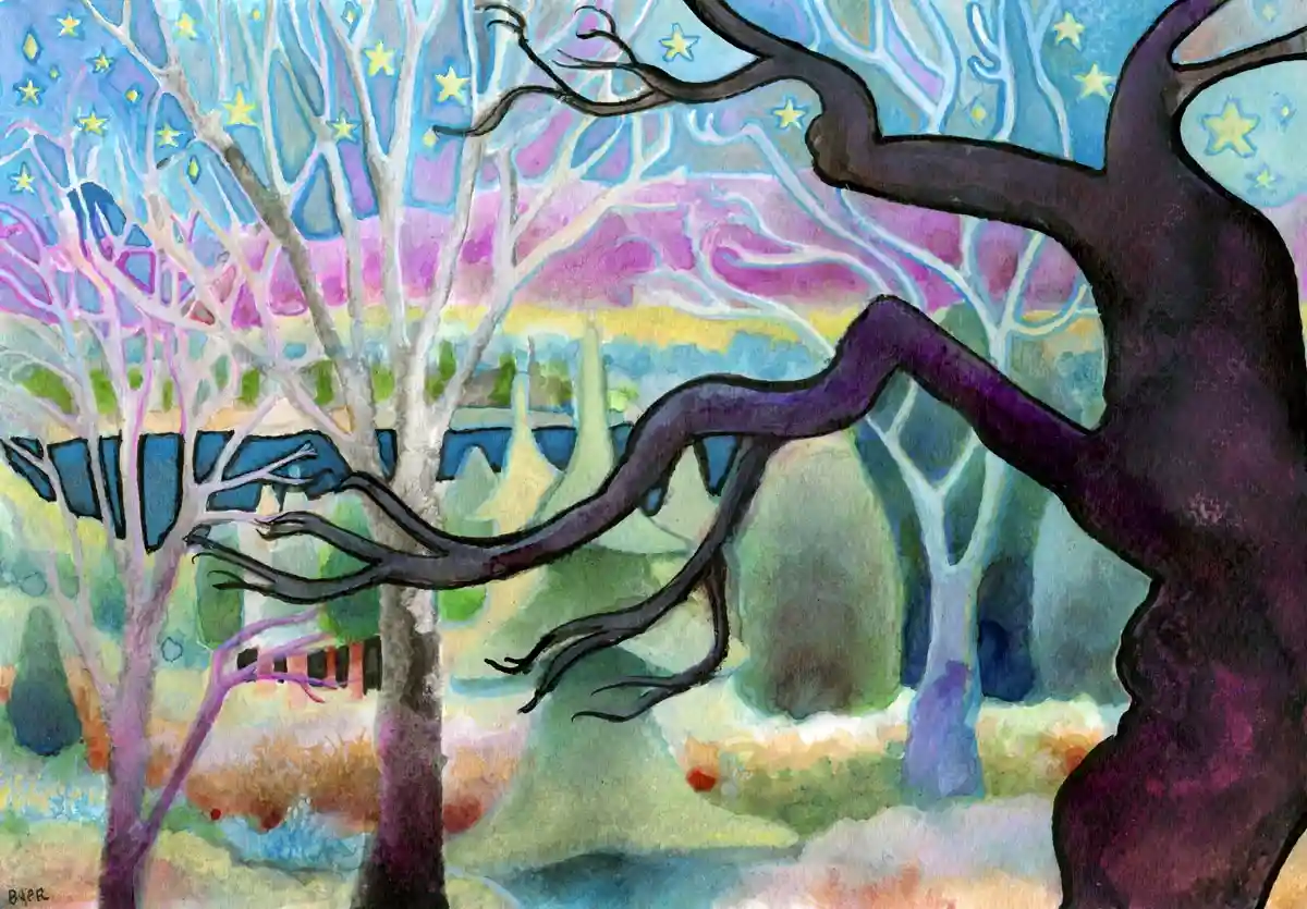A colorful, stylized painting of bare trees with star-like shapes in the sky, overlaid with the text 'i'm not a tree, i'm a…