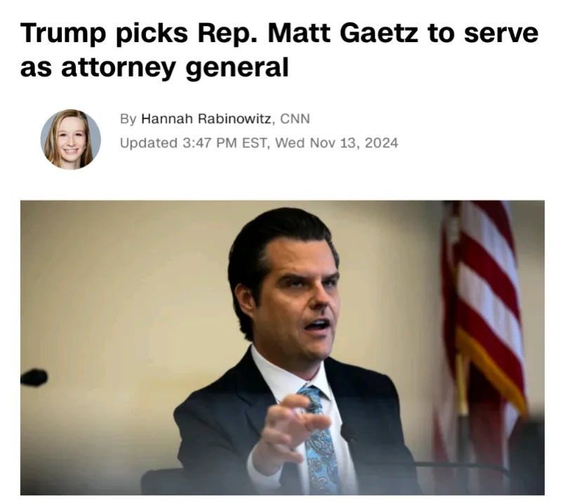 A screenshot of a CNN news article header showing a photo of Rep. Matt Gaetz speaking at a podium with an American flag…