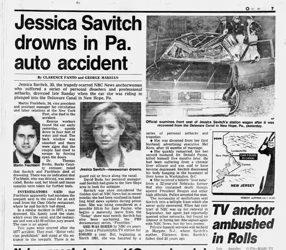 A newspaper clipping from the Robert Juffras Daily News reports the death of Jessica Savitch, an NBC News anchorwoman, who…