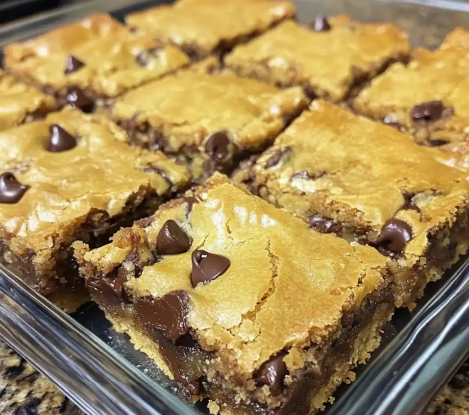 a close-up photo of freshly baked chocolate chip cookie bars cut into squares, resting in a clear glass baking dish. The…