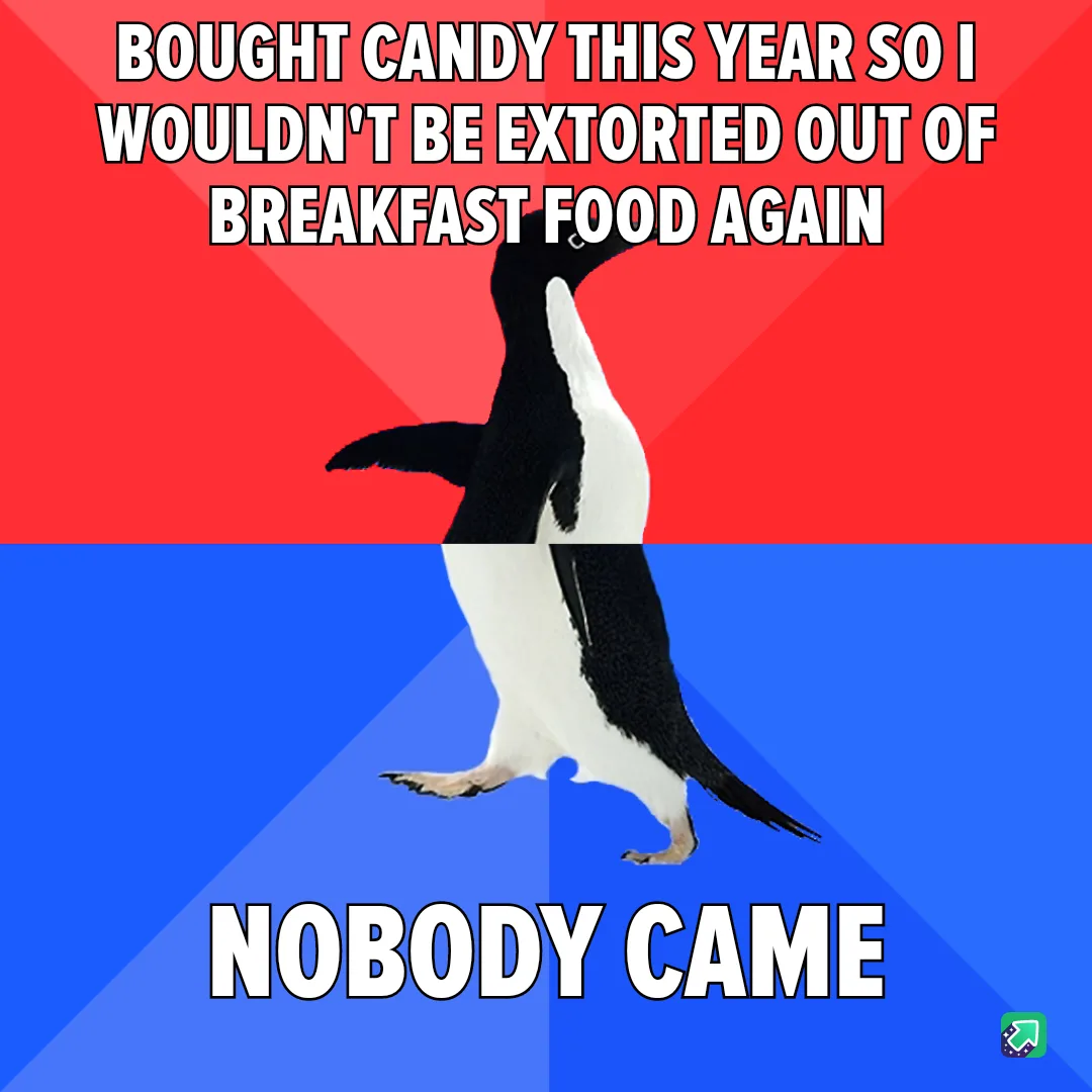 A penguin stands in the center of a red and blue diagonally split background. The top text reads 'BOUGHT CANDY THIS YEAR SO…