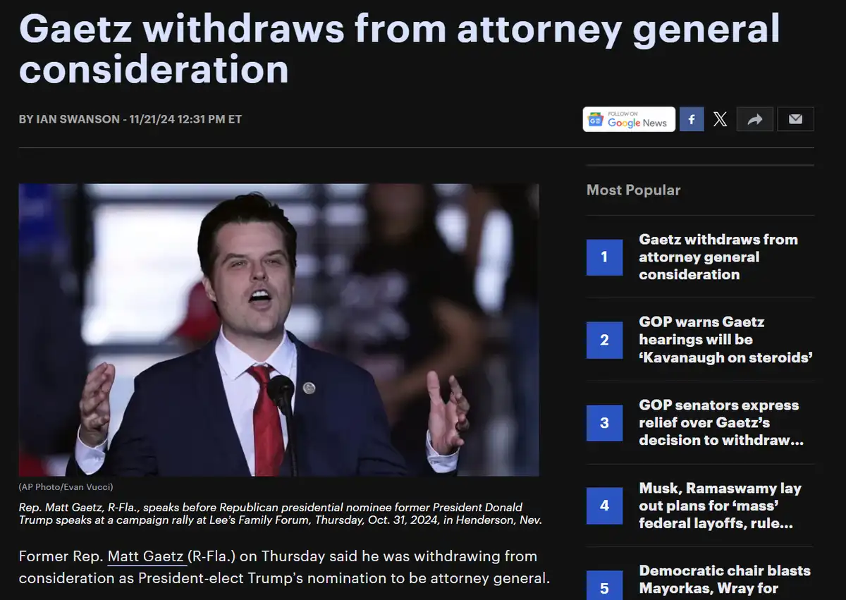 A screenshot of a Google News article shows Rep. Matt Gaetz speaking at a rally, with the headline 'Gaetz withdraws from…
