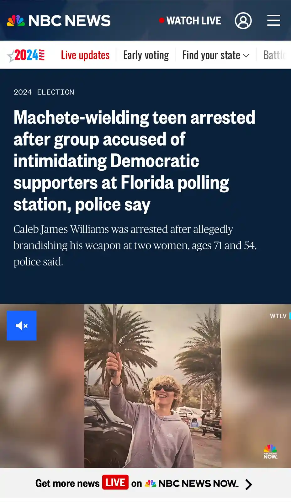 An NBC News article screenshot about a teen named Caleb James Williams being arrested for allegedly brandishing a machete at…
