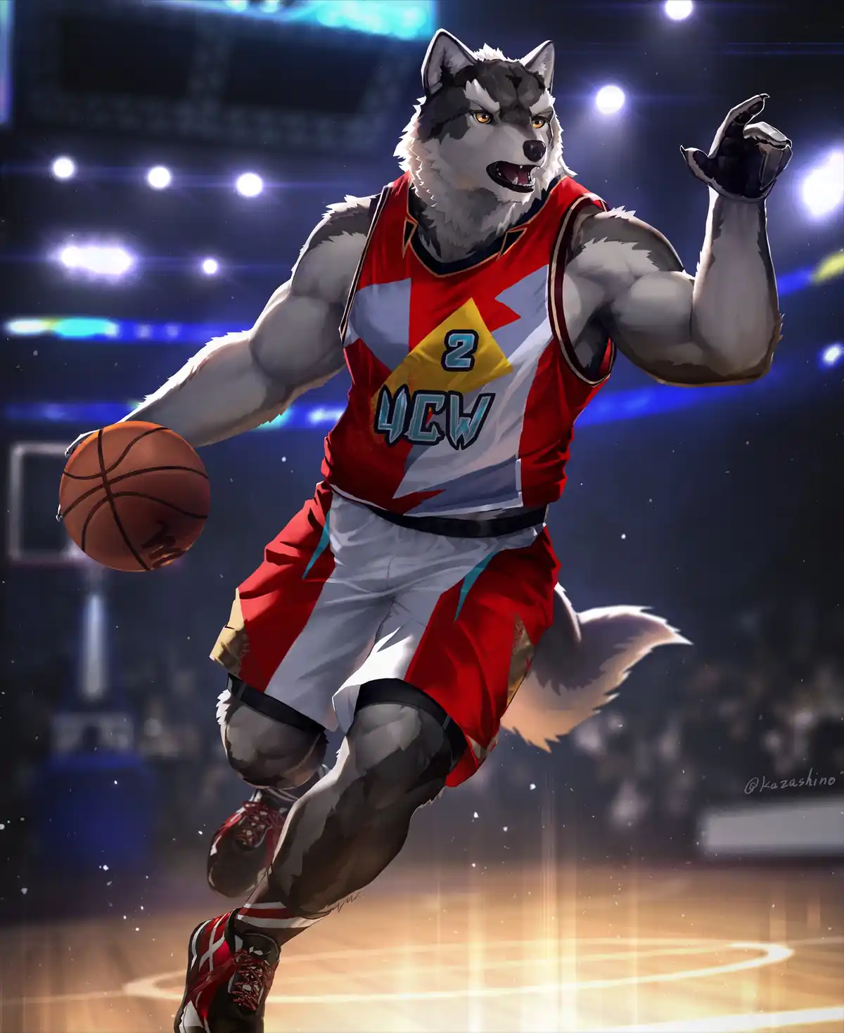 A muscular anthropomorphic wolf in a red and white basketball uniform with the number 2 and letters 'UCW' on the chest…