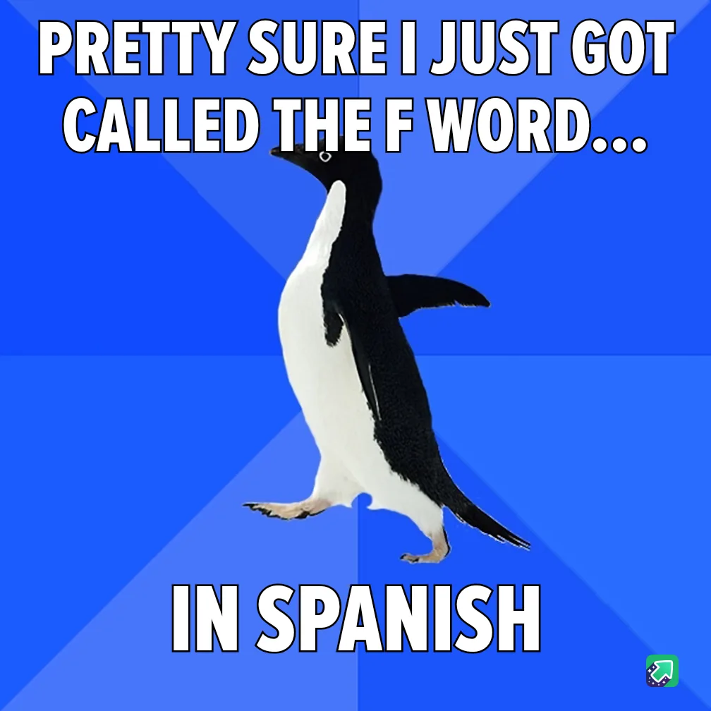 A black-and-white penguin stands upright against a blue background with diagonal stripes. The text at the top reads 'PRETTY…