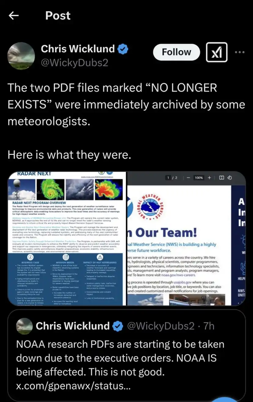 A screenshot of a social media post by Chris Wicklund showing two archived PDFs from the National Weather Service. The first…