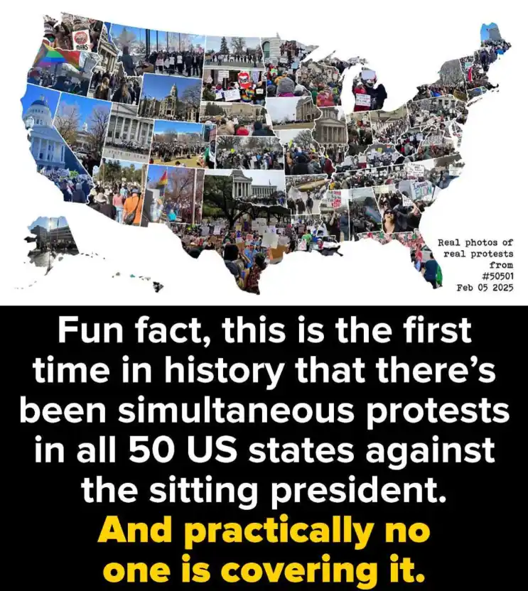 A collage of real protest photos from February 5, 2025, arranged to form the outline of the United States. The text overlay…
