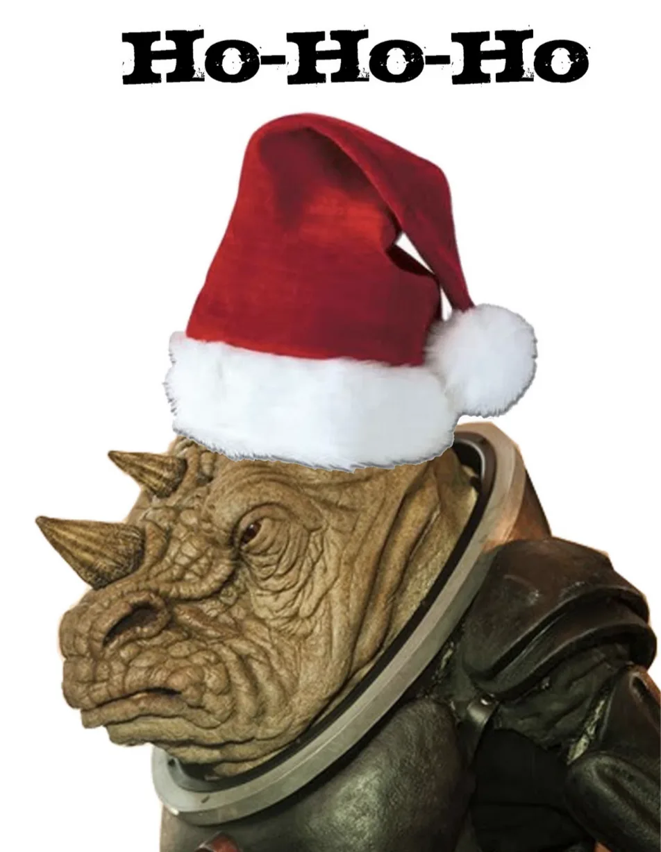 A close-up of a fictional, wrinkled-skinned alien with horns, wearing a red and white Santa hat and dark armor, with the…