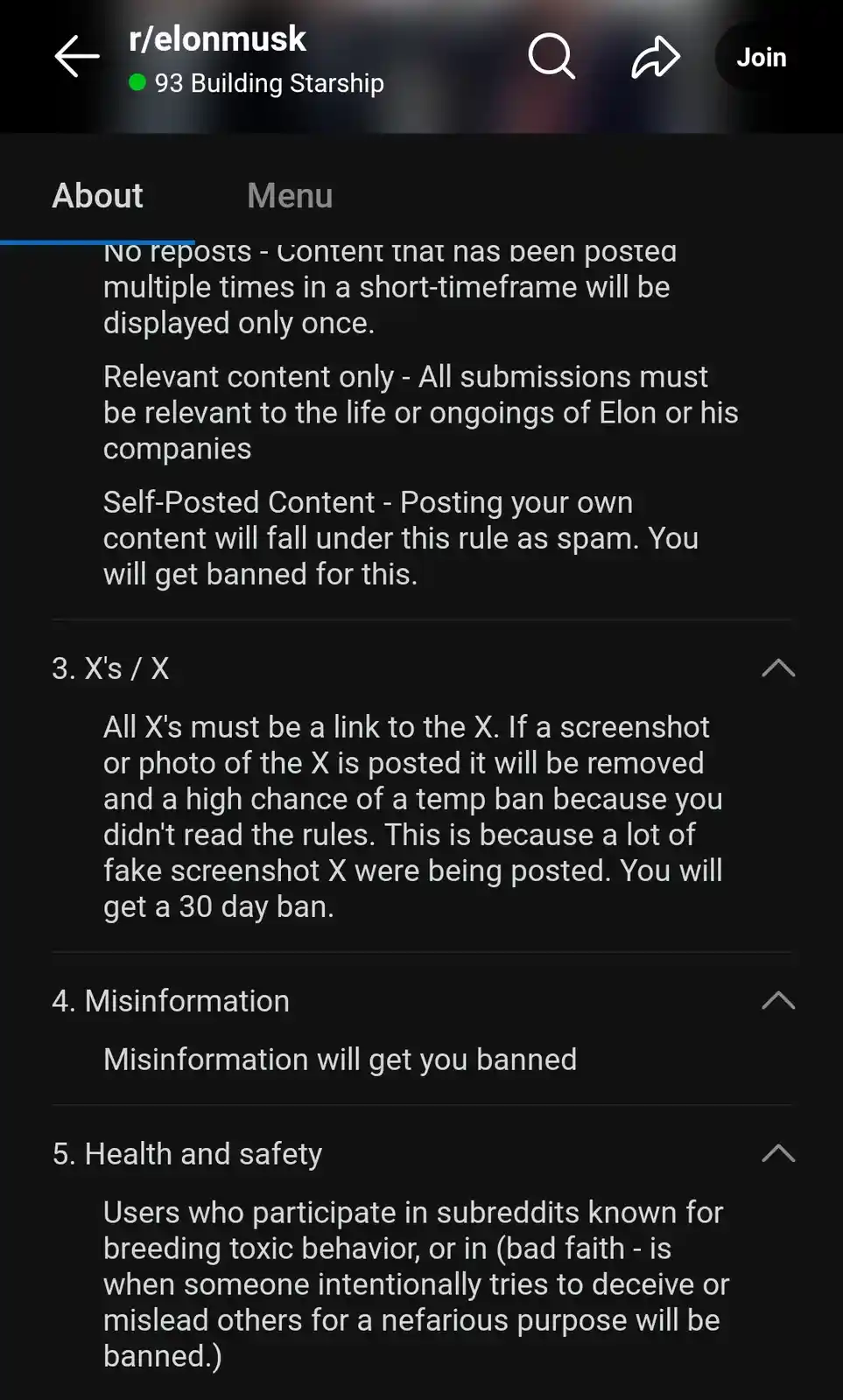 A screenshot of the r/elonmusk subreddit's rules, specifically rule 3 about posting 'X's', which mandates links to the X…