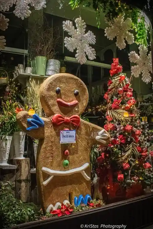 A large, festive gingerbread man decoration stands in a holiday shop window, wearing a red bowtie and a small white tag that…