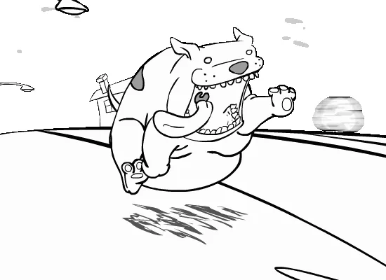 A black-and-white comic strip shows a cartoon dog running frantically in six panels. In the first three panels, the dog runs…