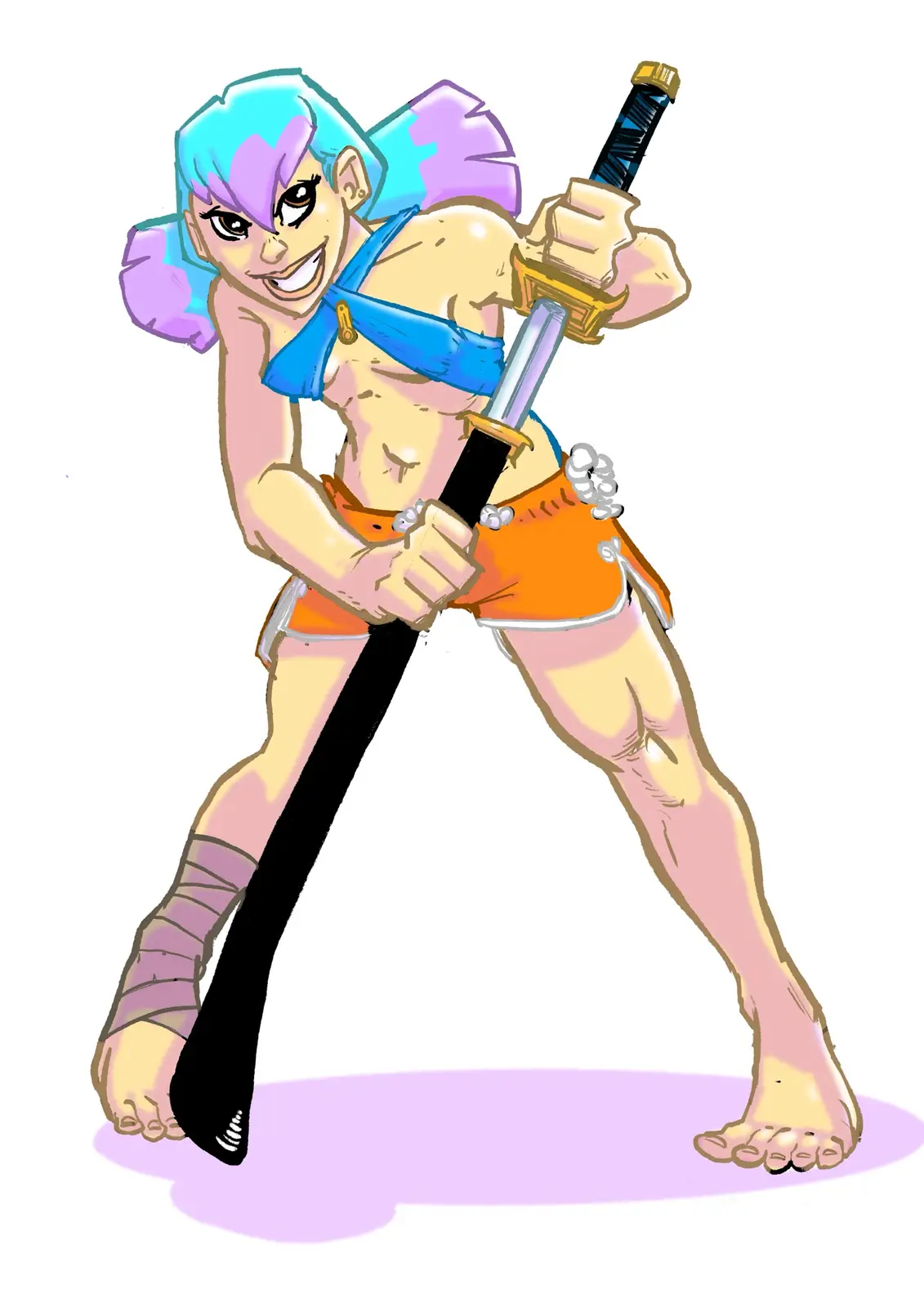 A cartoon character with blue and purple hair, wearing orange shorts and a blue top, holds a sword with both hands in a…