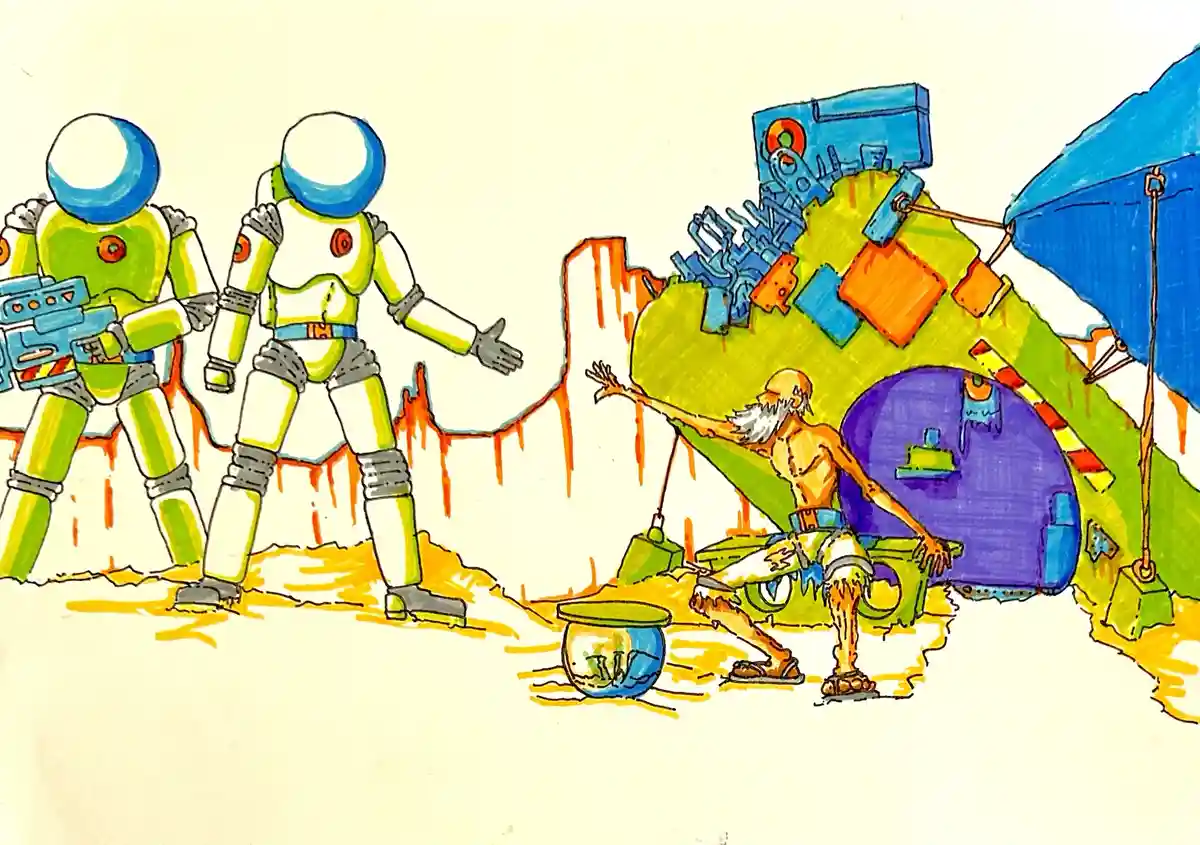 A hand-drawn, colorful illustration shows two green and white armored figures standing on the left, facing a shirtless…