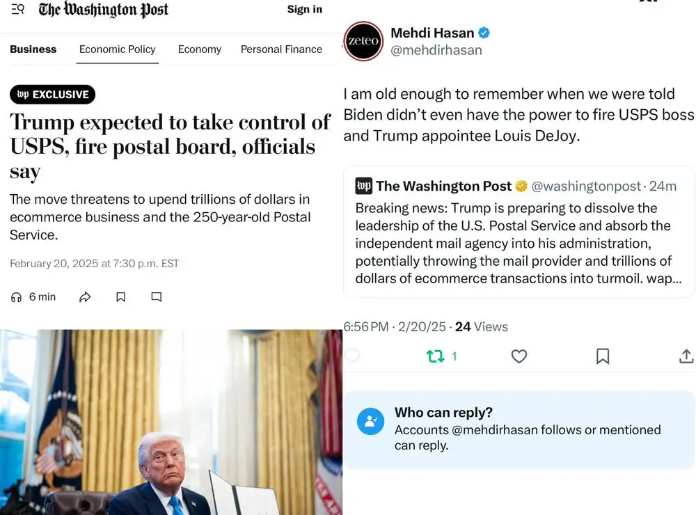 A screenshot of a Twitter post by Mehdi Hasan showing a Washington Post article headline about Trump expected to take…