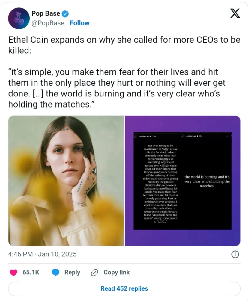 A screenshot of a Twitter post by Pop Base featuring a photo of artist Ethel Cain on the left and a screenshot of her tweet…