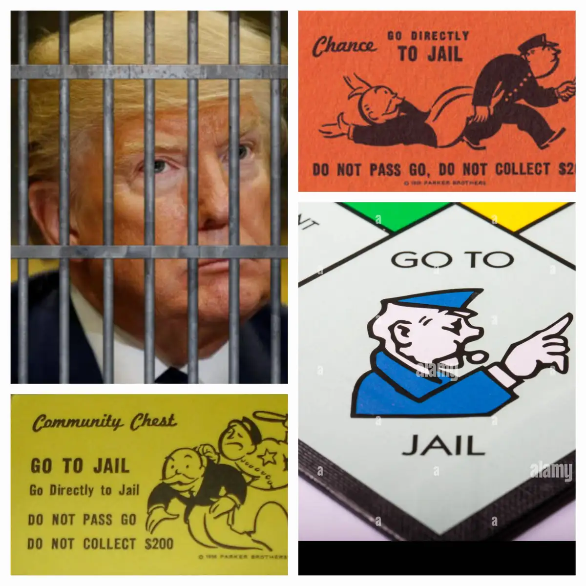 The image is a collage of four Monopoly game elements: a 'Chance' card reading 'GO DIRECTLY TO JAIL', a 'Community Chest'…