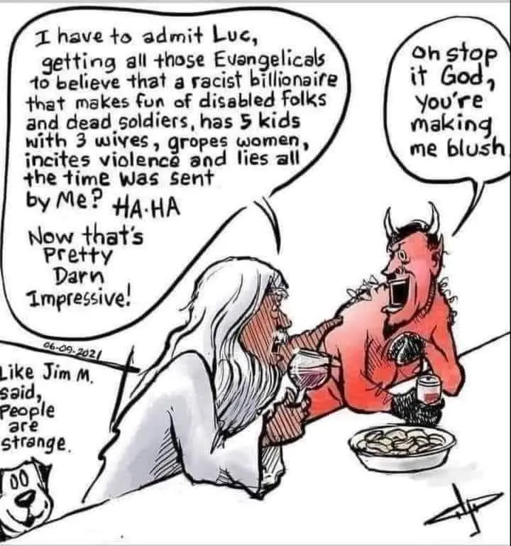 A cartoon depicts a red-skinned devil with horns and a tail sitting beside a white-bearded figure resembling God, both…