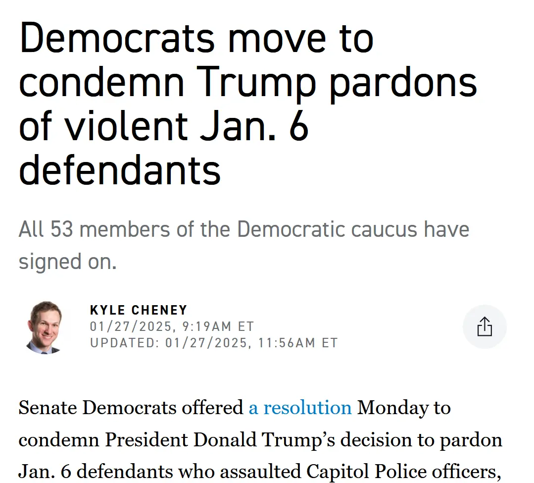 A screenshot of a news article headline stating 'Democrats move to condemn Trump pardons of violent Jan. 6 defendants,' with…