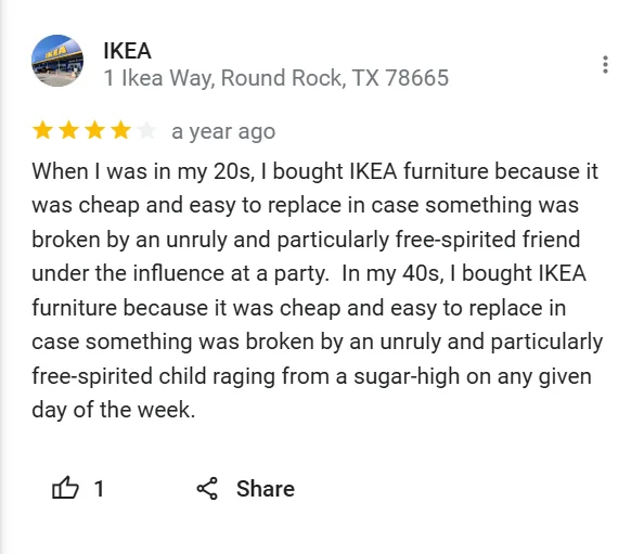 A screenshot of a one-star Yelp review for an IKEA store in Round Rock, TX, posted a year ago. The review humorously…