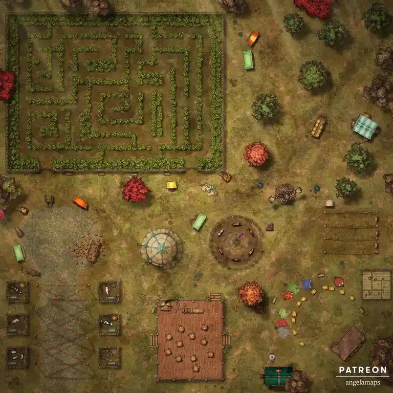 An overhead fantasy map depicts a large, intricate hedge maze on the left, surrounded by various structures including a…