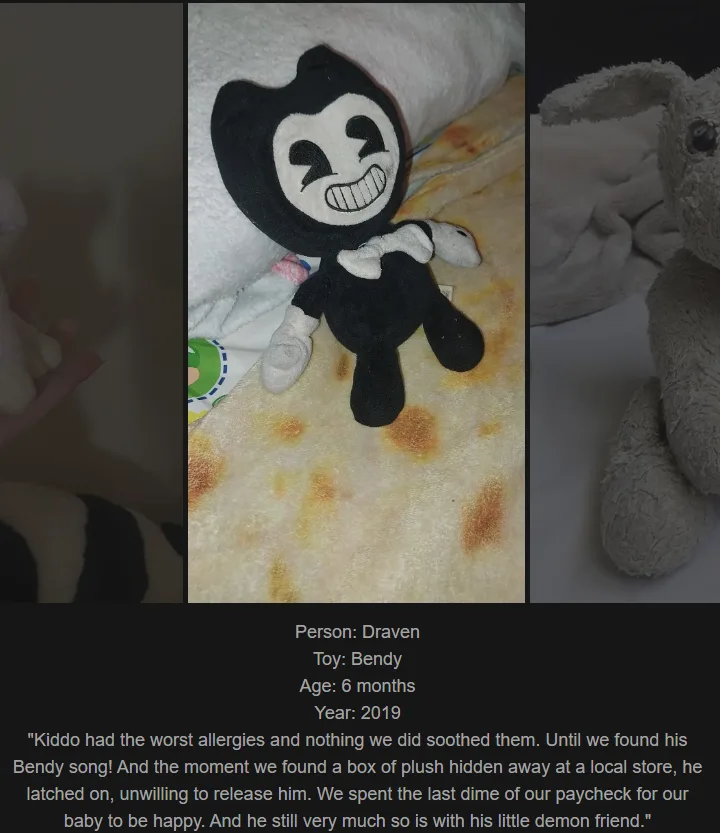 A plush toy of Bendy, a black cartoon character with a wide, toothy grin and white bowtie, is shown lying on a patterned…