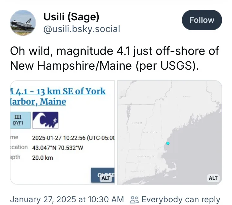A social media post by 'Usili (Sage)' shows a USGS earthquake alert for a magnitude 4.1 quake 13 km southeast of York…