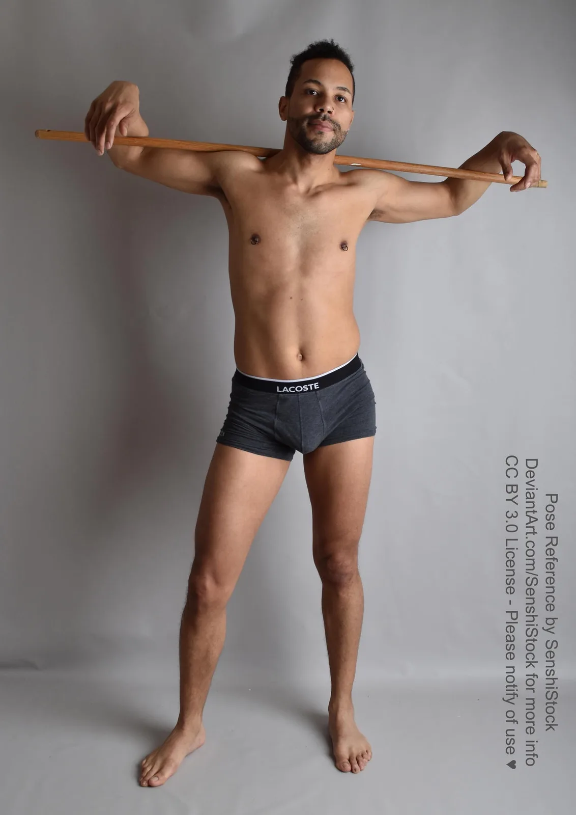 A shirtless man with a beard and dark hair stands barefoot against a plain gray background, wearing gray Lacoste underwear…