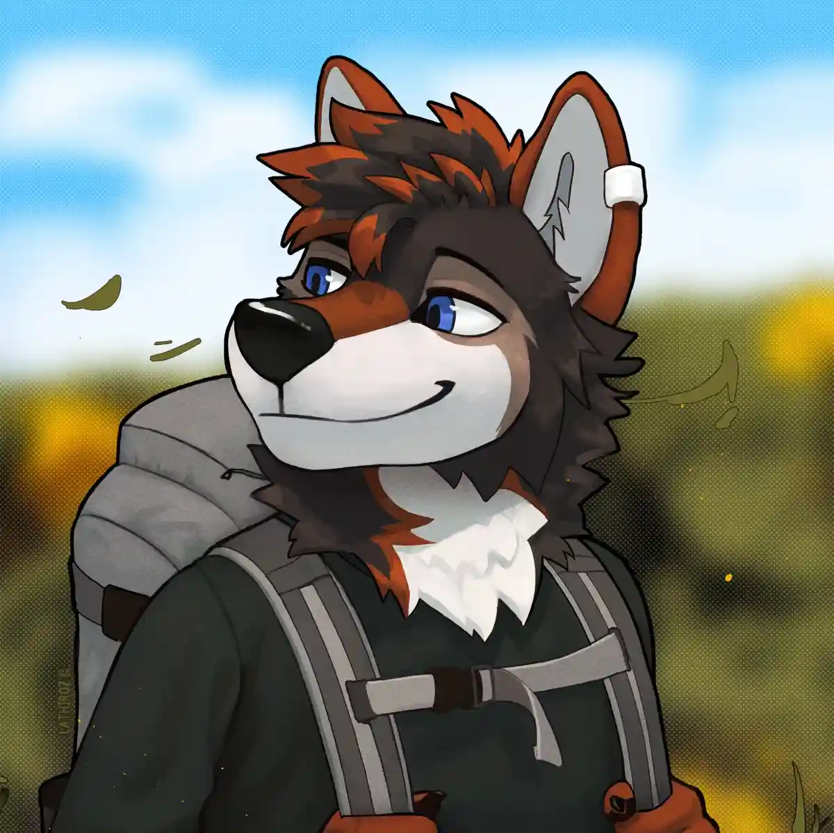 An anthropomorphic wolf with brown and black fur, blue eyes, and a white muzzle smiles while wearing a grey backpack and…