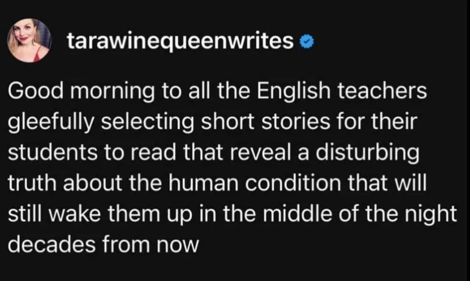 A screenshot of a tweet from user 'tarawinequeenwrites' with a black background and white text. The tweet reads: 'Good…