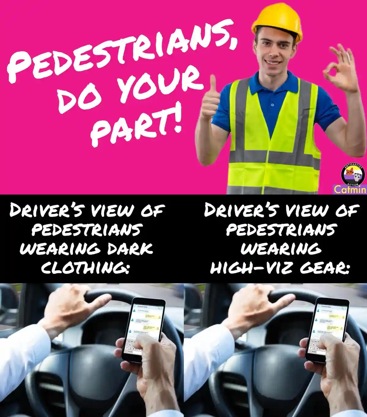 A bright pink image shows a smiling man in a yellow hard hat and high-visibility vest giving two thumbs up, with the text…