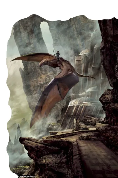 A small figure in armor sits atop a large, brown, bat-like dragon soaring through a misty, rocky canyon with ancient ruins…
