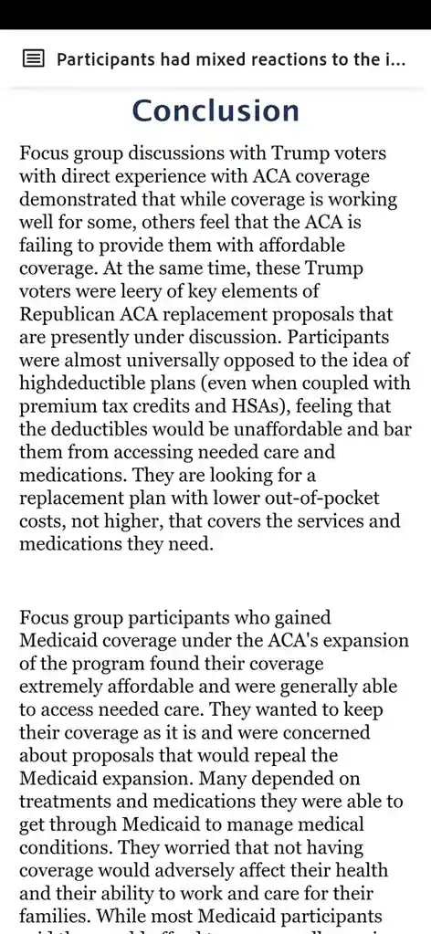The image displays a screenshot of a report's 'Conclusion' section, detailing focus group findings with Trump voters about…